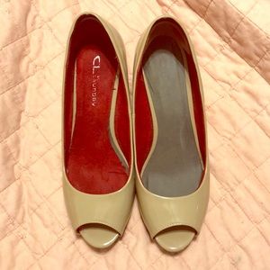 Chinese Laundry nude peep toe wedges